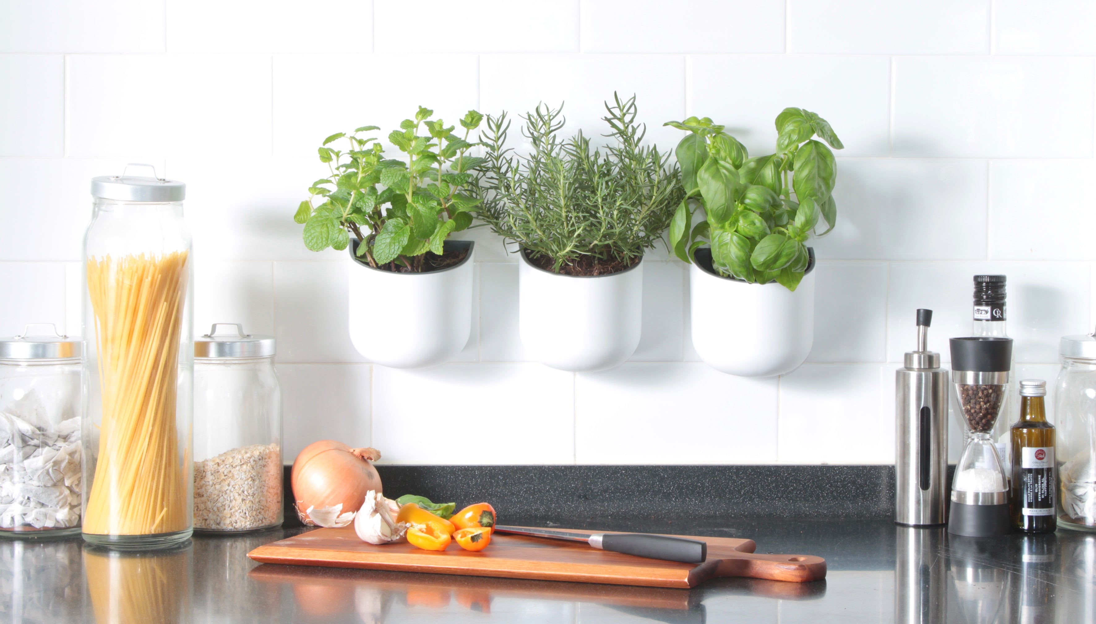 A Kitchen counter with three Okiodme Suction Planters on the tiled wall behind.