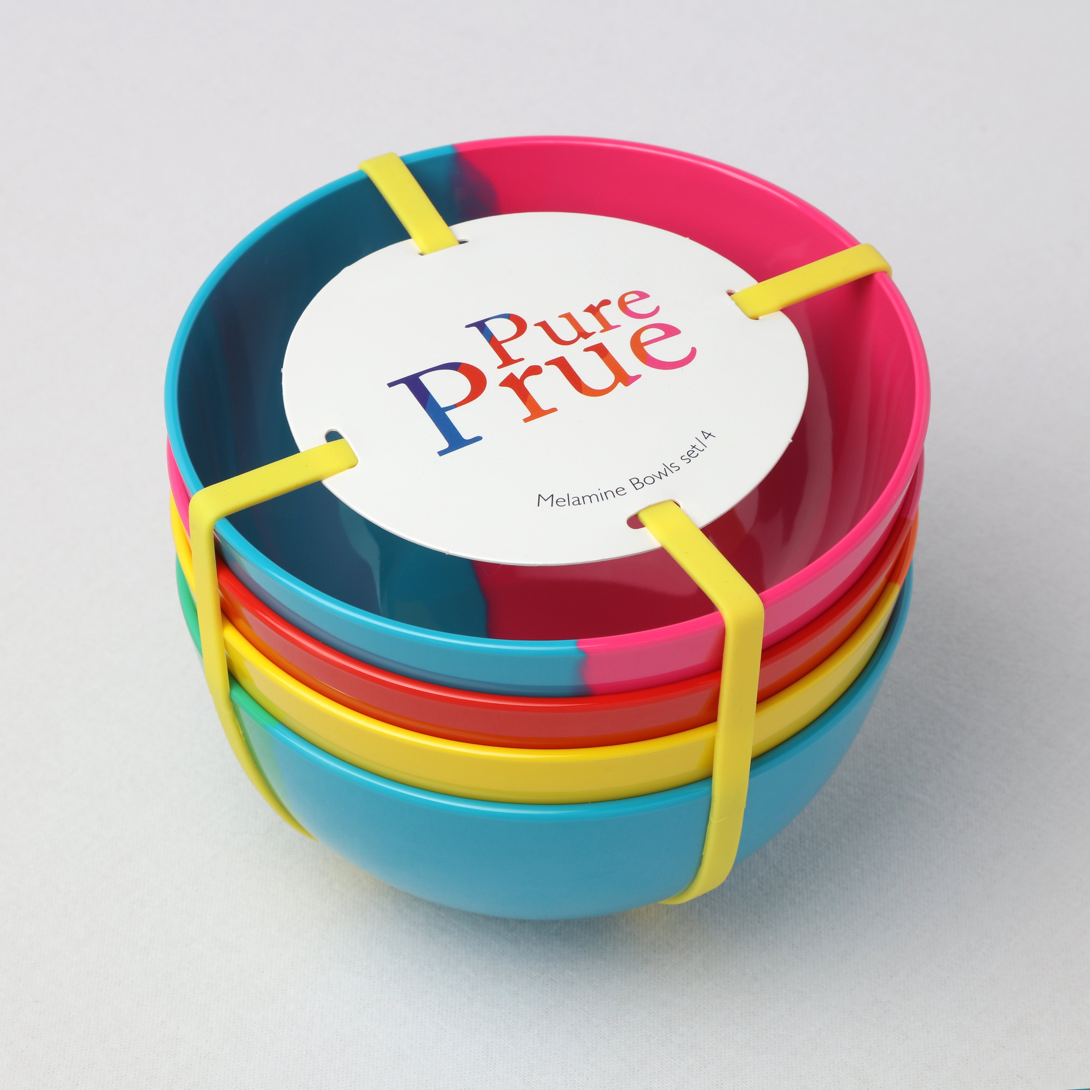 Side view of four Prue Leith melamine bowls with rubber band packaging
