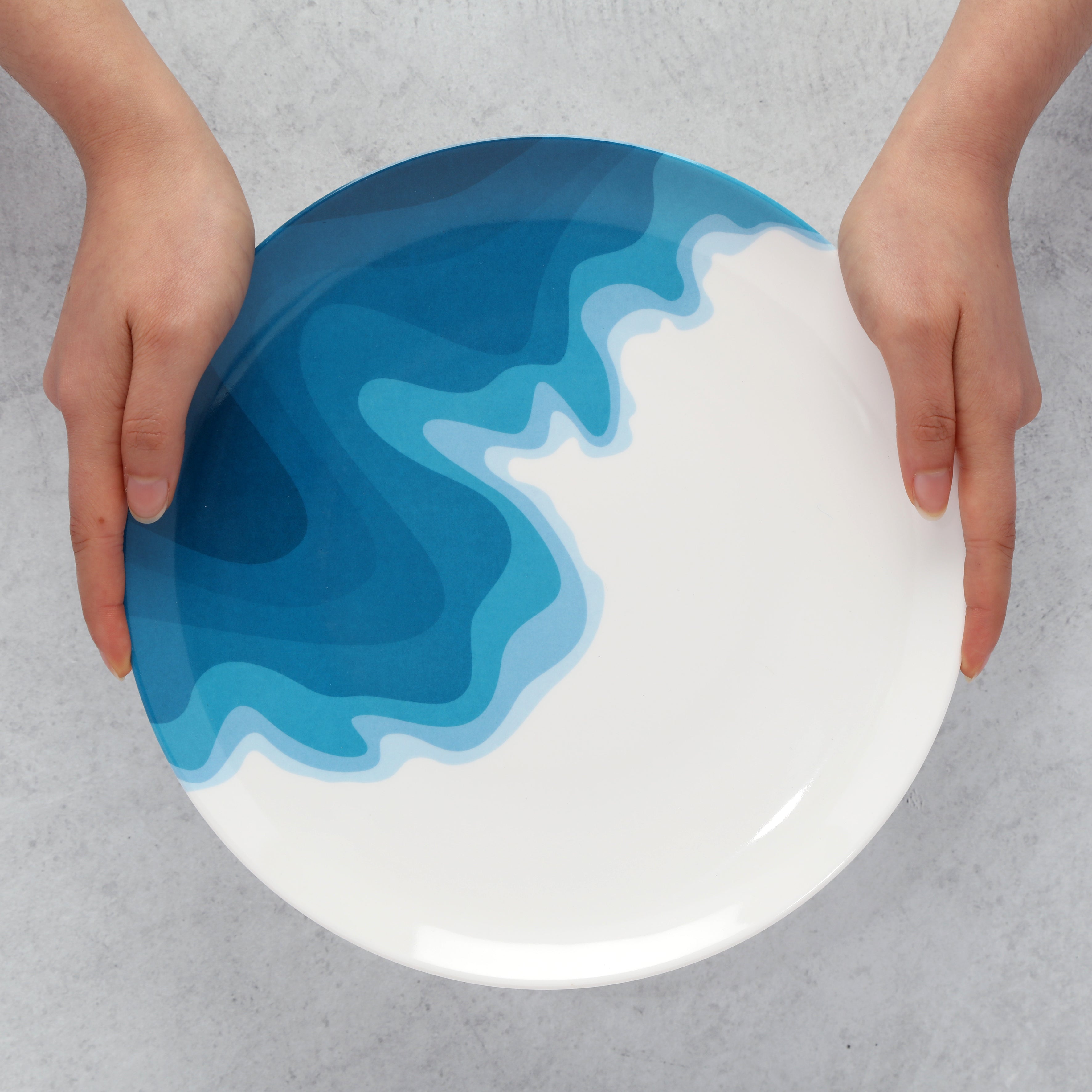 Hands holding a Rick Stein Melamine Dinner plate seem from above.