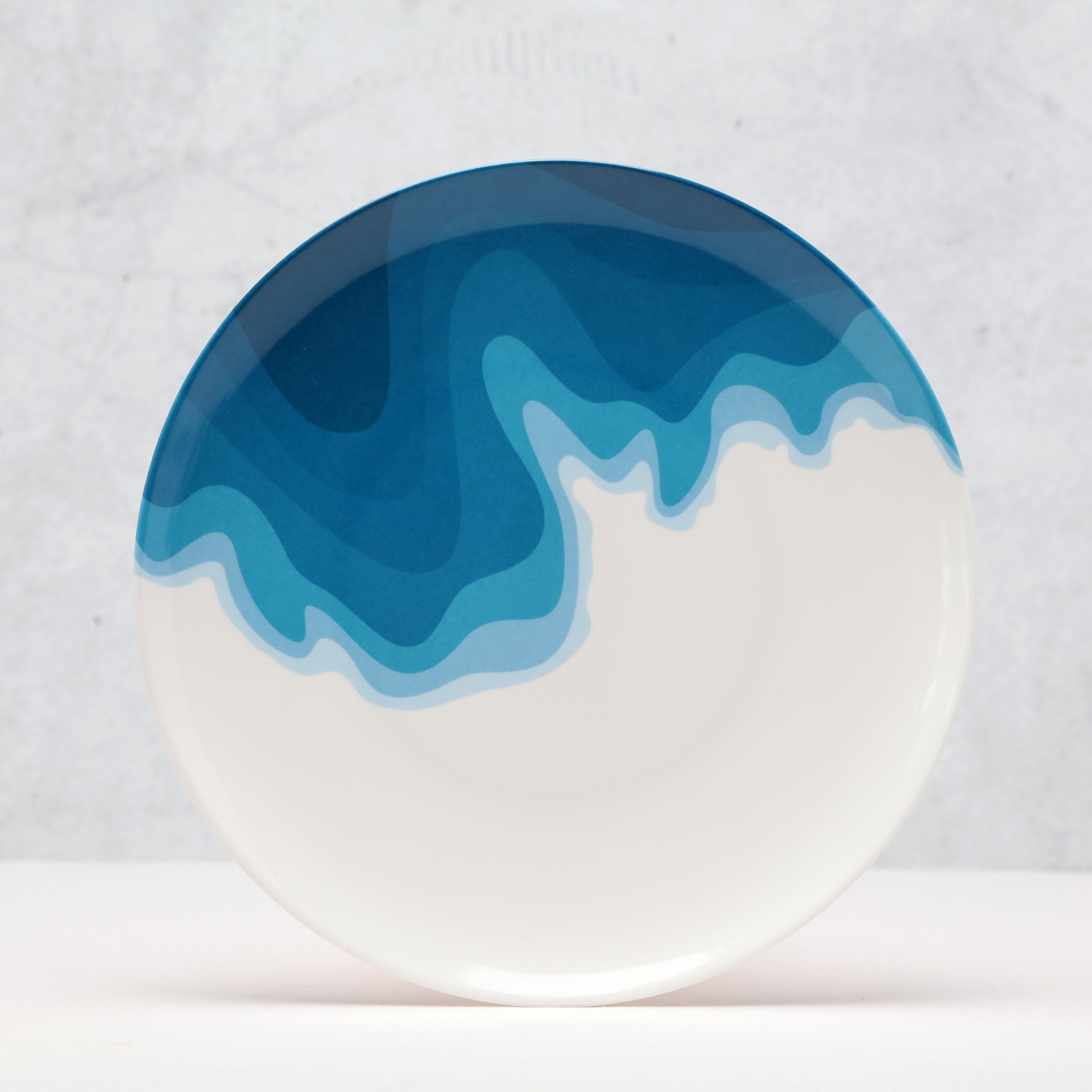 Side view of a Rick Stein Melamine Dinner Plate. Prussia Cove design