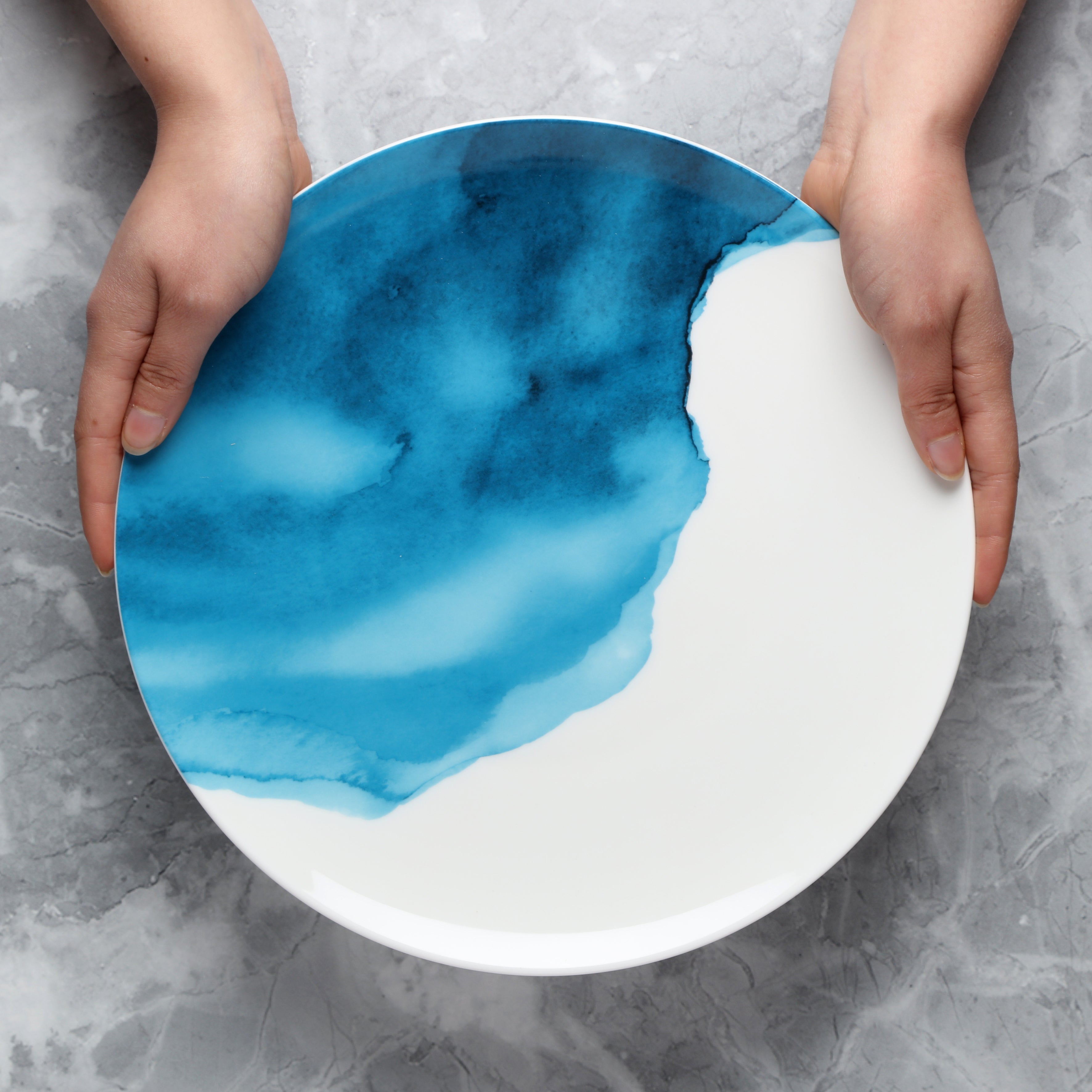 Round bone china dinner plate with blue and white design held by hands on a gray surface