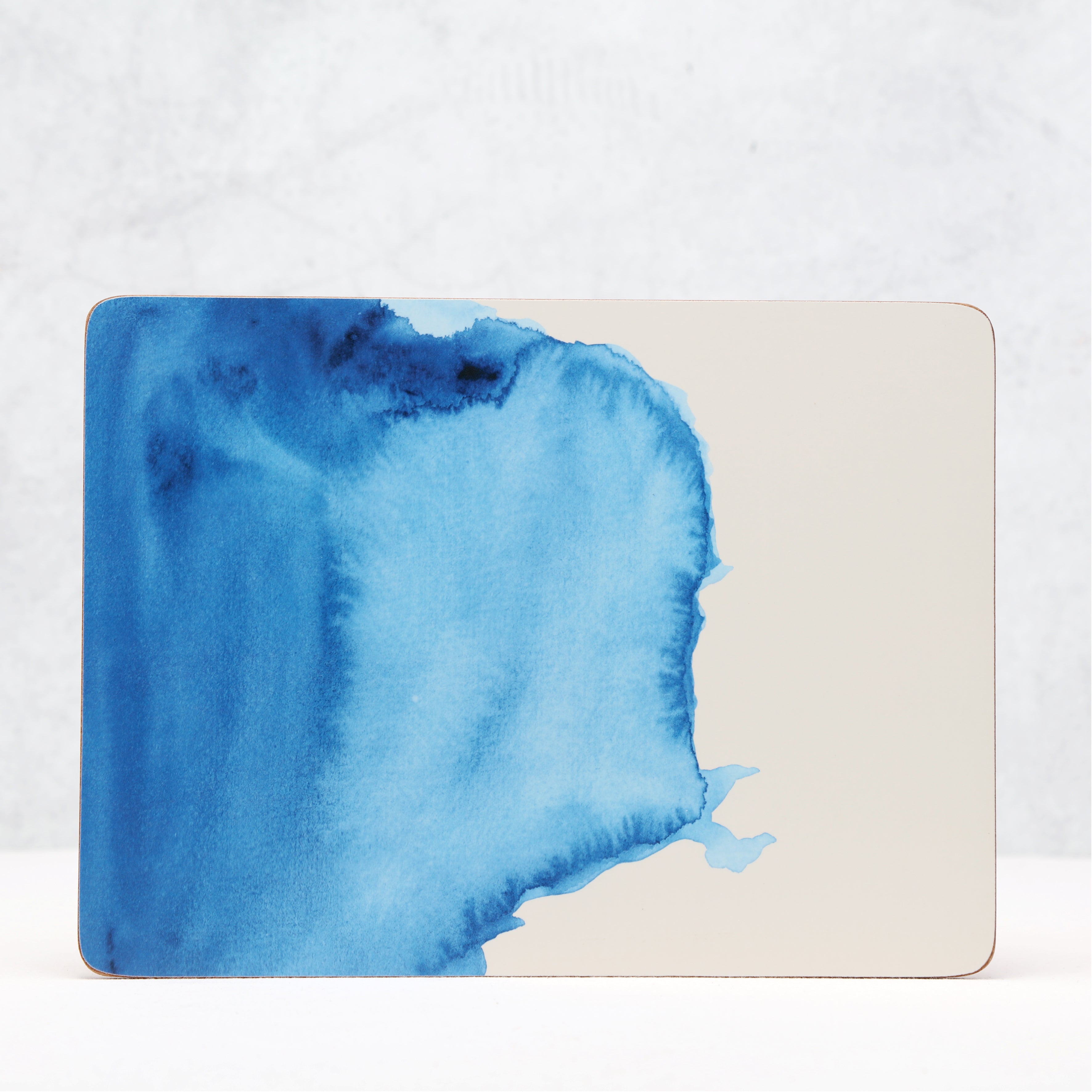 Blue watercolour design on a beige background